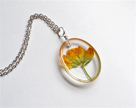 Pressed Flower Necklace Real Flowers In Clear Resin Yellow Wood Sorrel