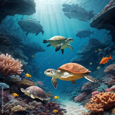 Three Sea Turtles Glide Through Vibrant Coral Reefs Surrounded By