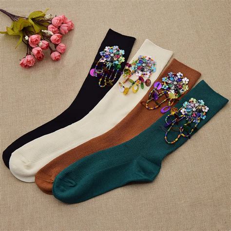 Qlychee Fashion Handmade Winterspring Beads Flower Female Socks