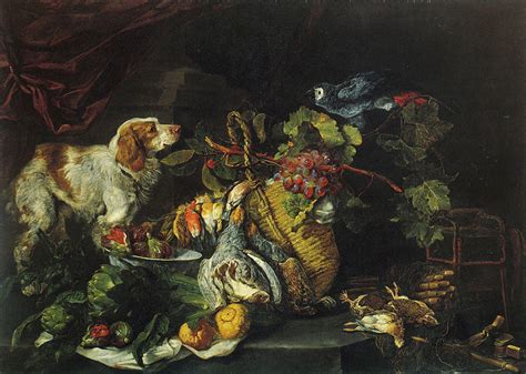 Jan Fyt Game Birds And Fruit With A Dog And Parrot 1652 Painting By