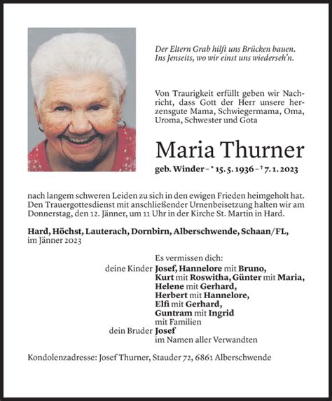 Todesanzeigen Von Maria Thurner Todesanzeigen Vorarlberger Nachrichten