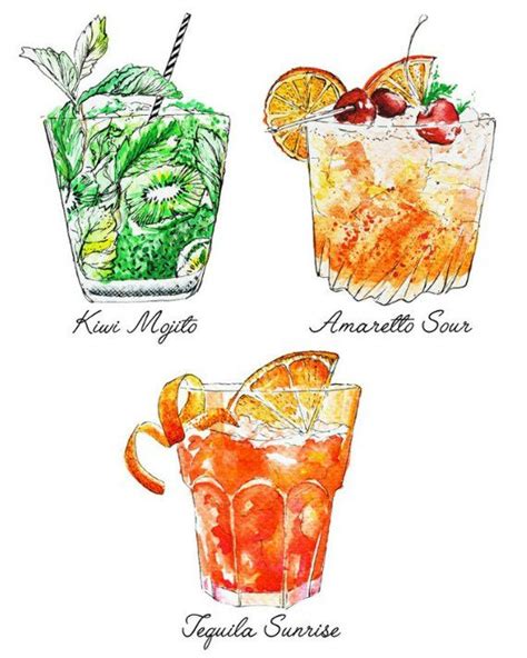 Cocktails Art Print Summer Drinks Colorful Artwork Watercolor Print