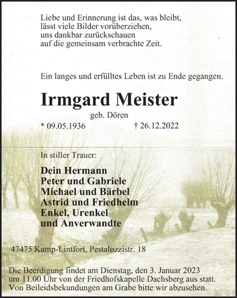 Traueranzeigen Von Irmgard Meister Trauer In Nrw De