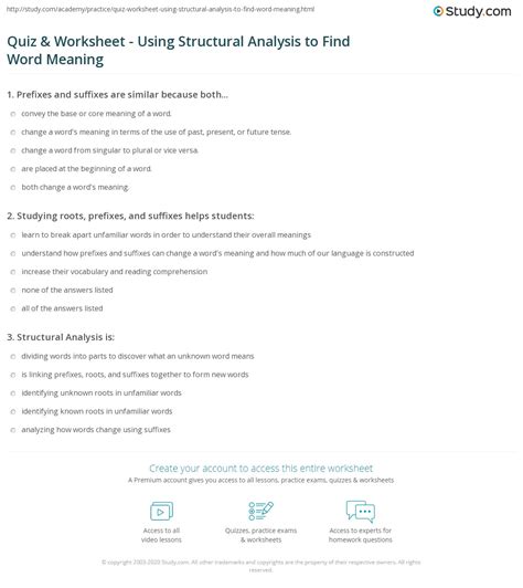 Quiz Worksheet Using Structural Analysis To Find Word Meaning