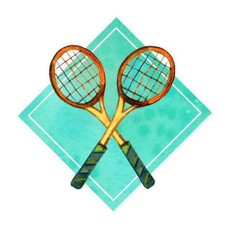 Hand Drawn Watercolor Illustration Of Crossed Badminton Rackets In