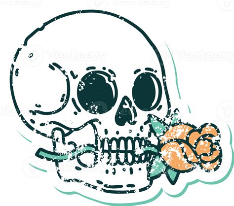 Iconic Distressed Sticker Tattoo Style Image Of A Skull And Rose 45103900 Png