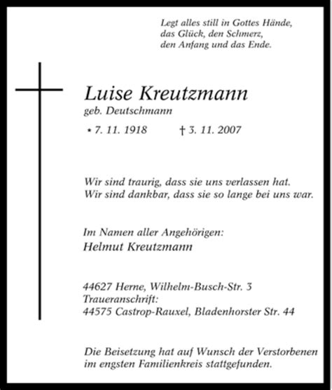 Traueranzeigen Von Luise Kreutzmann Trauer In Nrw De