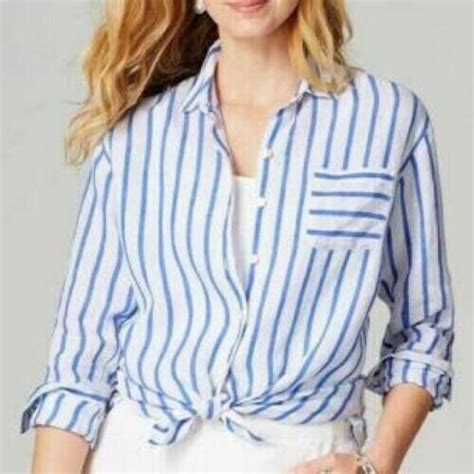 J Jill Love Linen Shirt Top Blue White Long Sleeve Striped Button Front