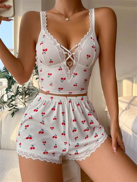 Cherry Print Lace Trim Lace Up Front Cami Top And Shorts Pj Set Shein Usa