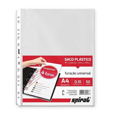 Saco plástico PP A4 furação universal 0 10mm 410 50 Spiral Envelopes