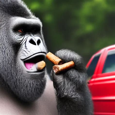 Angry Gorilla Smoking A Cigar In Front Of A Volkswagen Stable