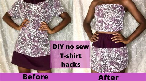 DIY NO SEW T SHIRT HACKS T Shirt Transformation Top And Skirt YouTube