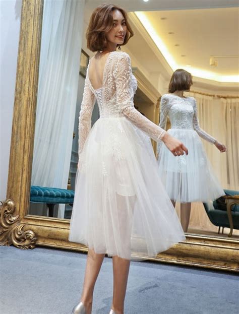 Lace Tea Length Wedding Dress With Sleeves