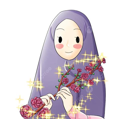 Ilustrasi Karakter Muslimah Memegang Bunga Yang Bersinar Ilustrasi