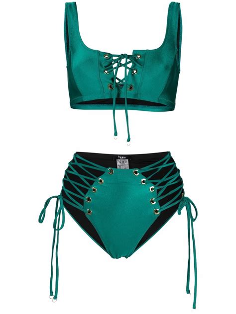 Noire Swimwear Lattice Strap Metallic Bikini Set Green FARFETCH