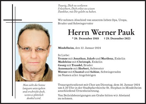 Traueranzeigen Von Werner Pauk Augsburger Allgemeine Zeitung