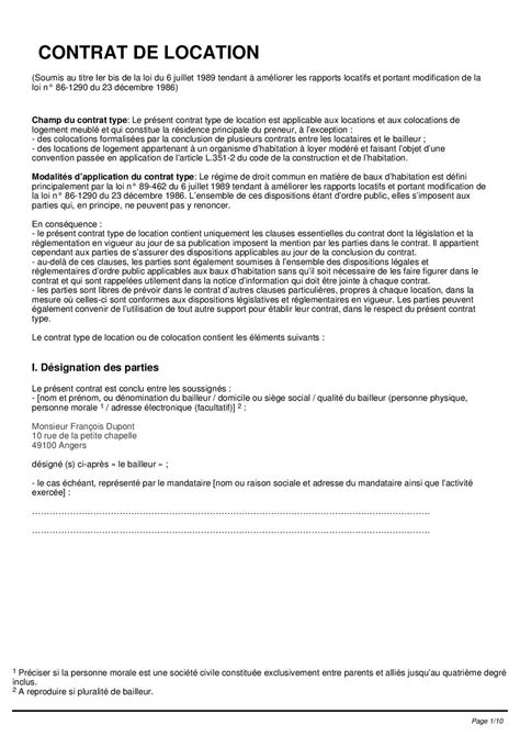 Contrat De Location Gratuit Pdf Mod Le Type Conforme La Loir Alur