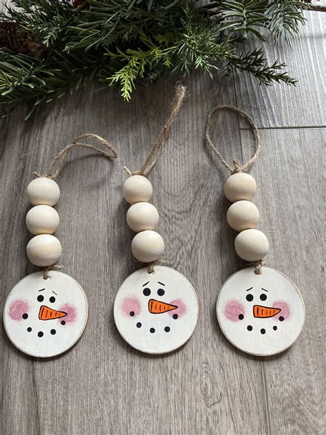 Set Of 3 Handmade Snowman Ornaments With Wood Beads Christmas Winter