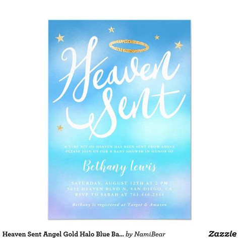 Heaven Sent Angel Gold Halo Blue Baby Shower Invitation