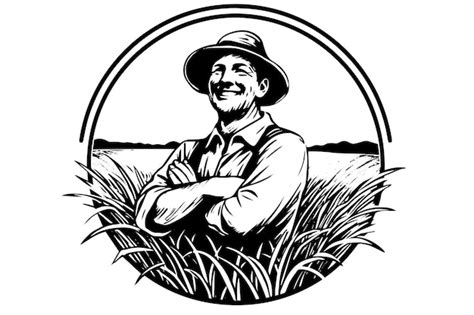 Premium Vector Happy Farmer In Hat Engraving Style Hand Drawn Ink