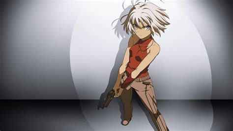 Gray Hair Female Anime Character Wears Red Top And Gray Pants Holding