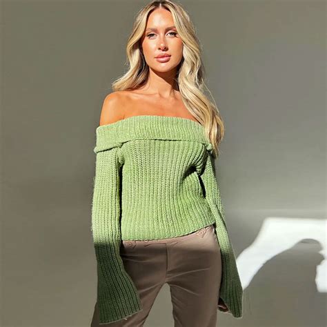 Sexy Foldover Off The Shoulder Brioche Rib Knit Cropped Sweater Fox