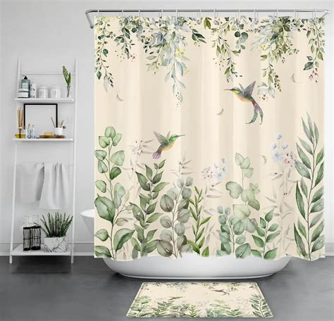 Nature Inspired Hummingbird Shower Curtain Set Elegant Beige