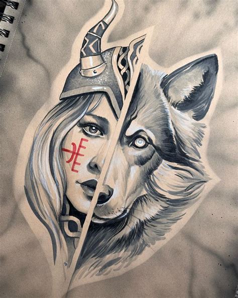 Half Norse Goddess Half Wolf Surreal Tattoo Norse Goddess Drawings