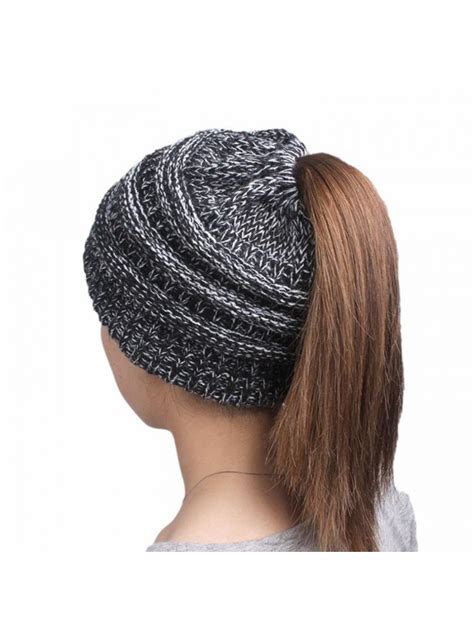 Women Beanietail Soft Stretch Knit Messy High Bun Ponytail Beanie Hat