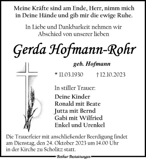 Traueranzeigen Von Gerda Hofmann Rohr Trauer Anzeigen De