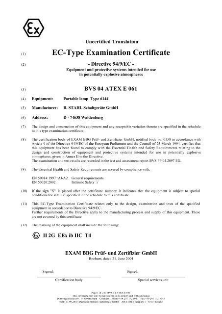 EC Type Examination Certificate BVS 04 ATEX E 061 R Stahl