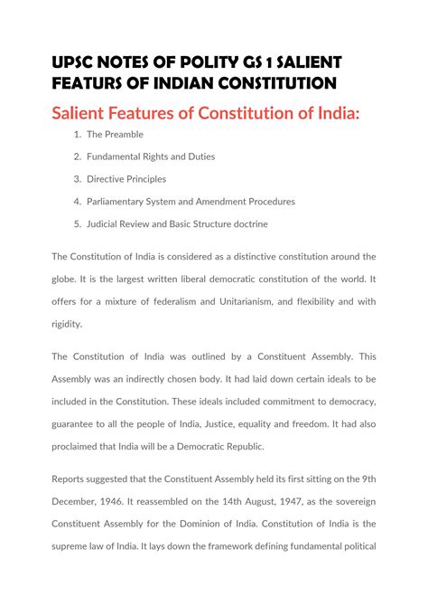 SOLUTION UPSC Notes Of Polity GS 1 Salient Features Of Indian