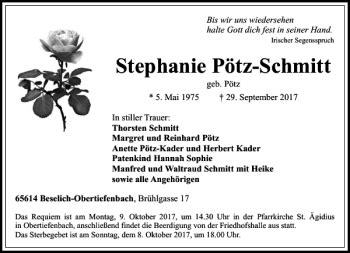 Traueranzeigen Von Stephanie P Tz Schmitt Trauer Rheinmain De