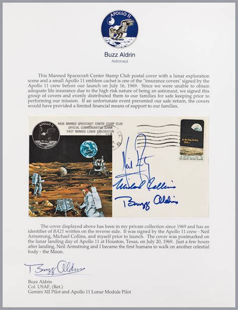 Bonhams Crew Signed Lunar Landing Postal Cover Life Insurance For