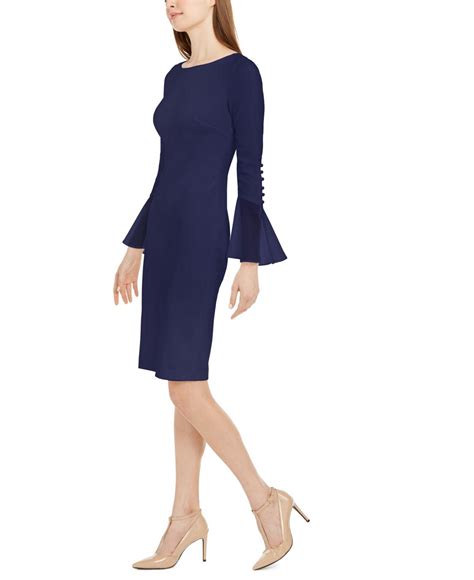 Calvin Klein Chiffon Bell Sleeve Sheath Dress In Indigo Blue Lyst