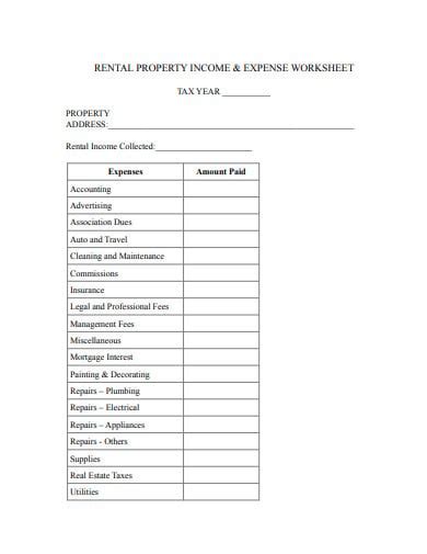 Rental Property Income And Expense Worksheet Printable Pdf Download