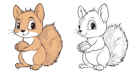 A Cute Cartoon Squirrel Holding A Nut With A Coloring Page Version