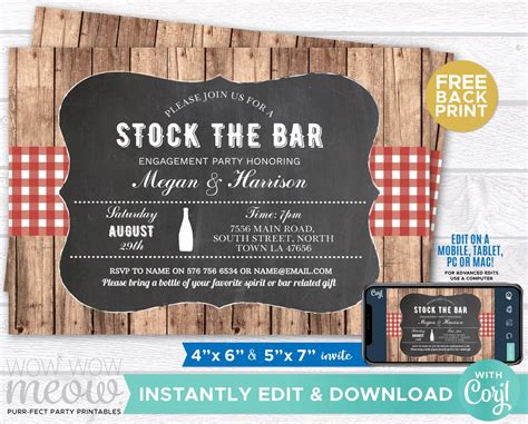 Stock The Bar Invitation Engagement Invite Couples Shower Party Instant Download Rustic Red Wood