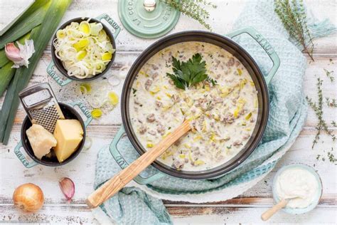 Käse Lauch Suppe mit Hackfleisch