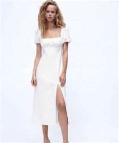 Zara Bnwt White Poplin Puff With Slit Midi Dress Women S Fashion