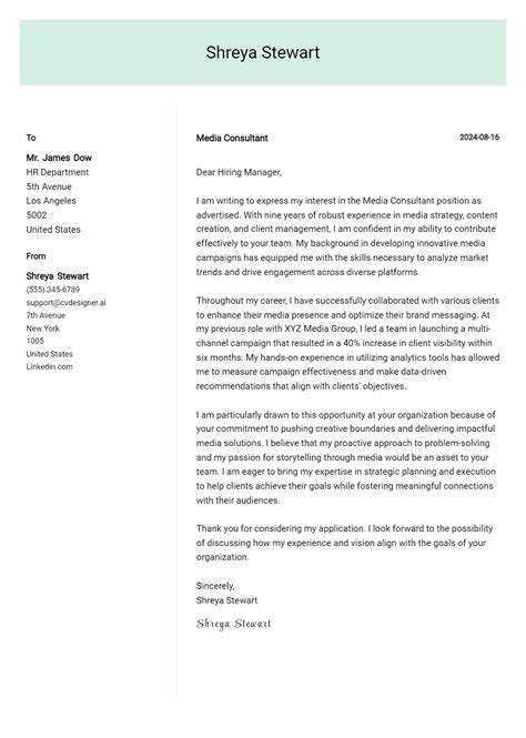 Media Consultant Cover Letter Example For 2024 Tips And Templates Cvdesignerai