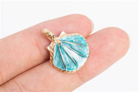 4 Enamel Shell Charm Gold Tone With Aqua Blue Enamel Etsy