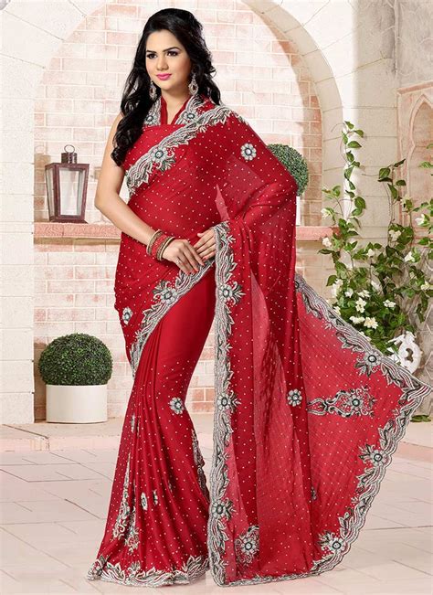 Buy Red Chiffon Saree Stones Sari Online Shopping Sakvfsc1