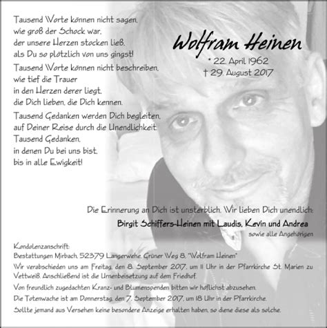 Traueranzeigen Von Wolfram Heinen Aachen Gedenkt