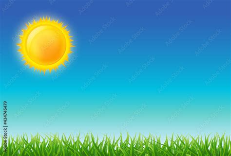 Cartoon bright sun on blue sky with green grass. vector illustration ...