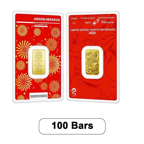 Lot Of Gram Argor Heraeus Lunar Dragon Gold Bar In Assay