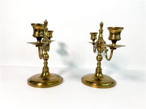 2 Vintage Brass Candlesticks W 2 Candle Holders Each Ornate Retro Brass Design Mid Century