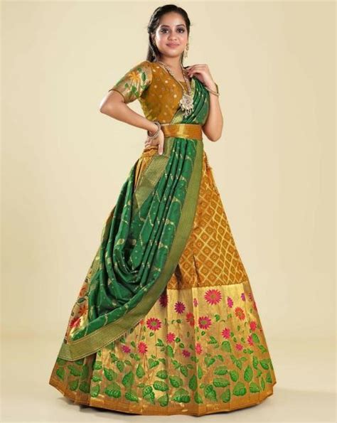 Buy HALFSAREE STUDIO Mustard Pure Banarasi Silk Woven Lehenga For Women