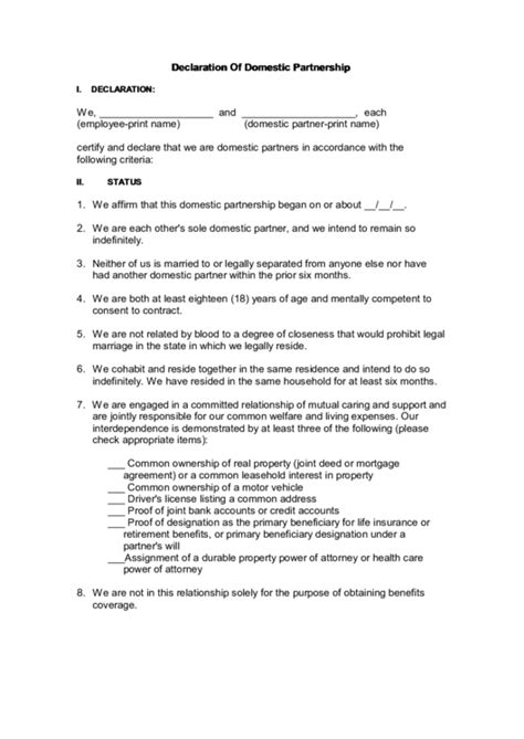 Declaration Form Of Domestic Partnership Printable Pdf Download