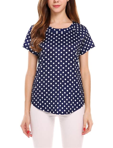 Women S Casual Round Neck Short Sleeve Polka Dot Tops Purplish Blue